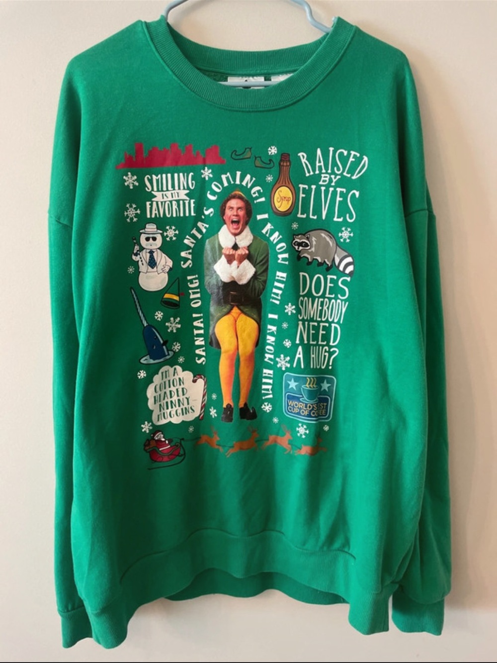 ELF Green Graphic Crewneck Sweatshirt with Holiday Christmas Print